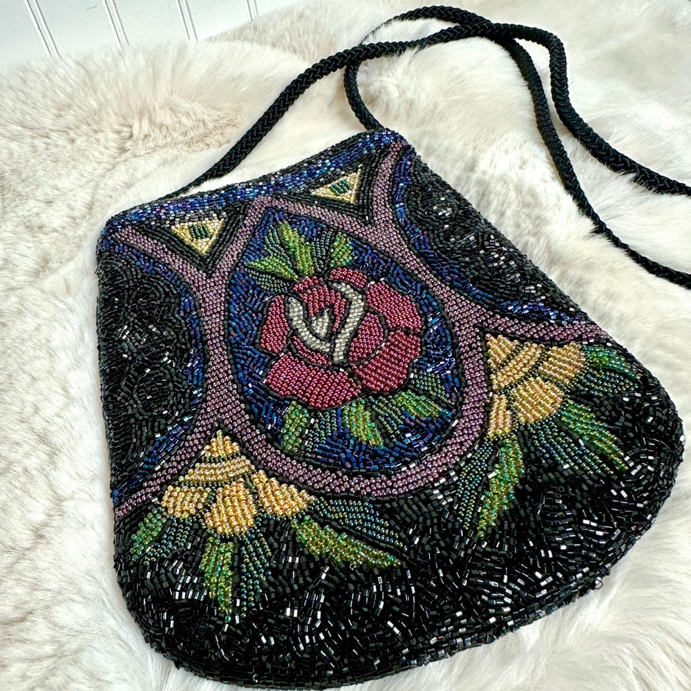 Jeromes Floral Beaded Black Crossbody Bag/ Evening bag